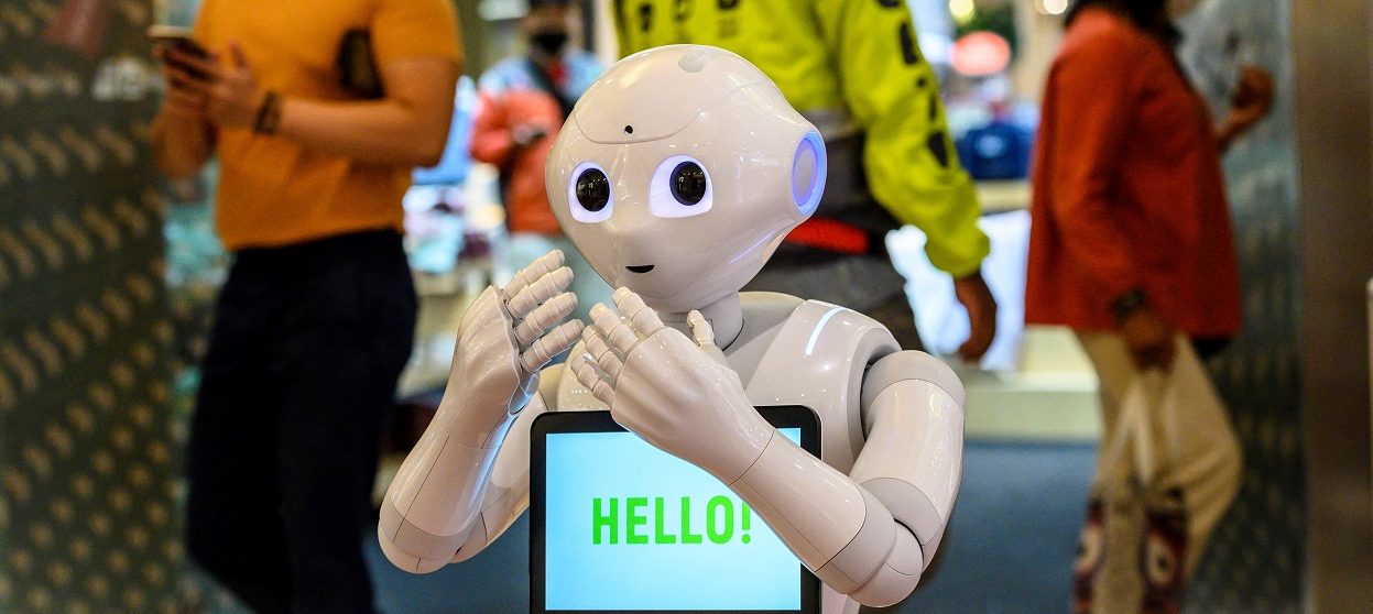 A 5G robot welcomes visitors to a shopping mall in Bangkok