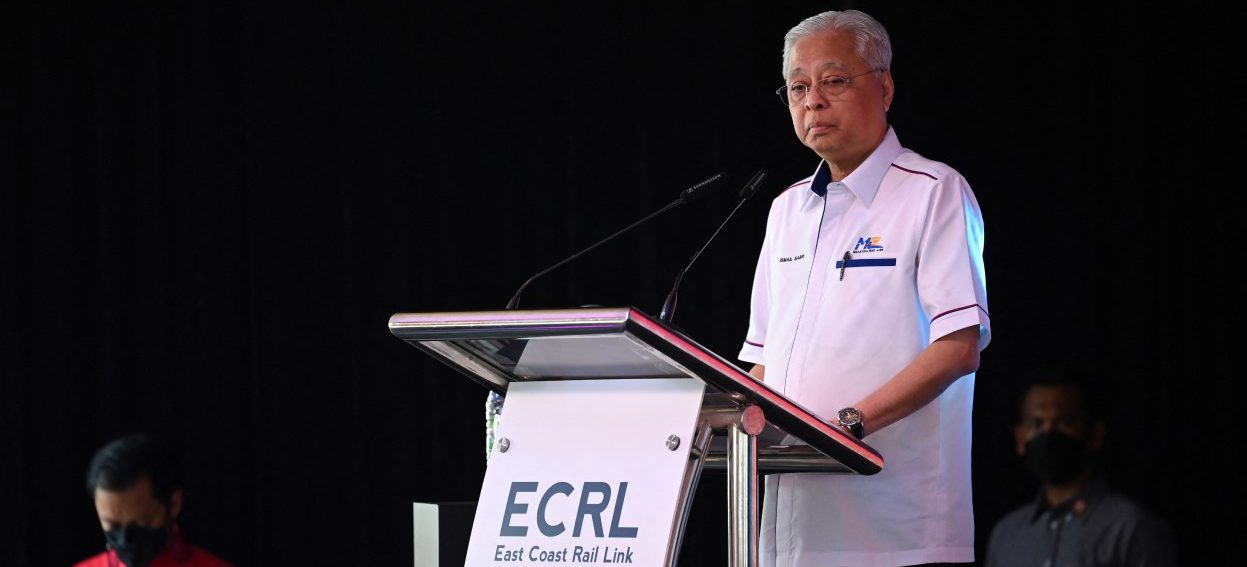 Malaysia's Prime Minister Ismail Sabri Yaakob speaks during an event for the East Coast Rail Link (ECRL) beginning the excavation phase for the 16.39-kilometre Genting Tunnel in Bentong in Malaysia's Pahang state on June 23, 2022. (Photo: Mohd RASFAN / AFP)
