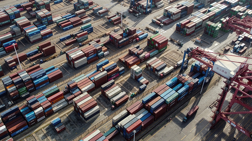 An aerial view of containers at the Lianyungang Port Container Terminal in Lianyungang