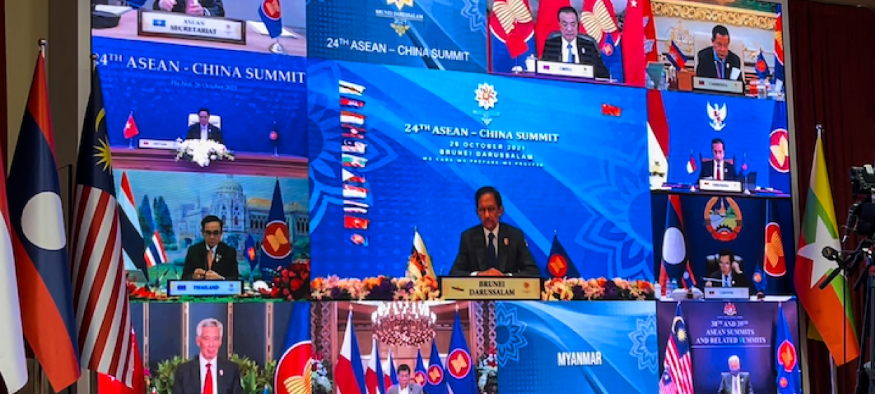The ASEAN-China CSP was formally launched at the Commemorative Summit to celebrate the 30th anniversary of ASEAN-China dialogue relations, with Chinese leader Xi Jinping in attendance. In this picture, Sultan of Brunei Hassanal Bolkiah (C) takes part in the ASEAN-China Summit on the sidelines of the 2021 Association of Southeast Asian Nations (ASEAN) summits held online in Bandar Seri Begawan, Brunei, on 26 October 2021. (Photo: Hakim S. Hayat, AFP)