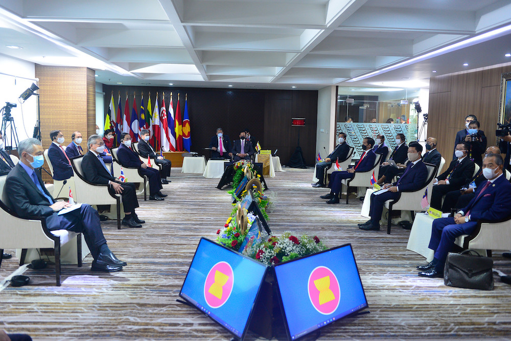 ASEAN state leaders at the Leaders’ Meeting in Jakarta, on 24 April, 2021. (Photo: ASEAN Secretariat website)