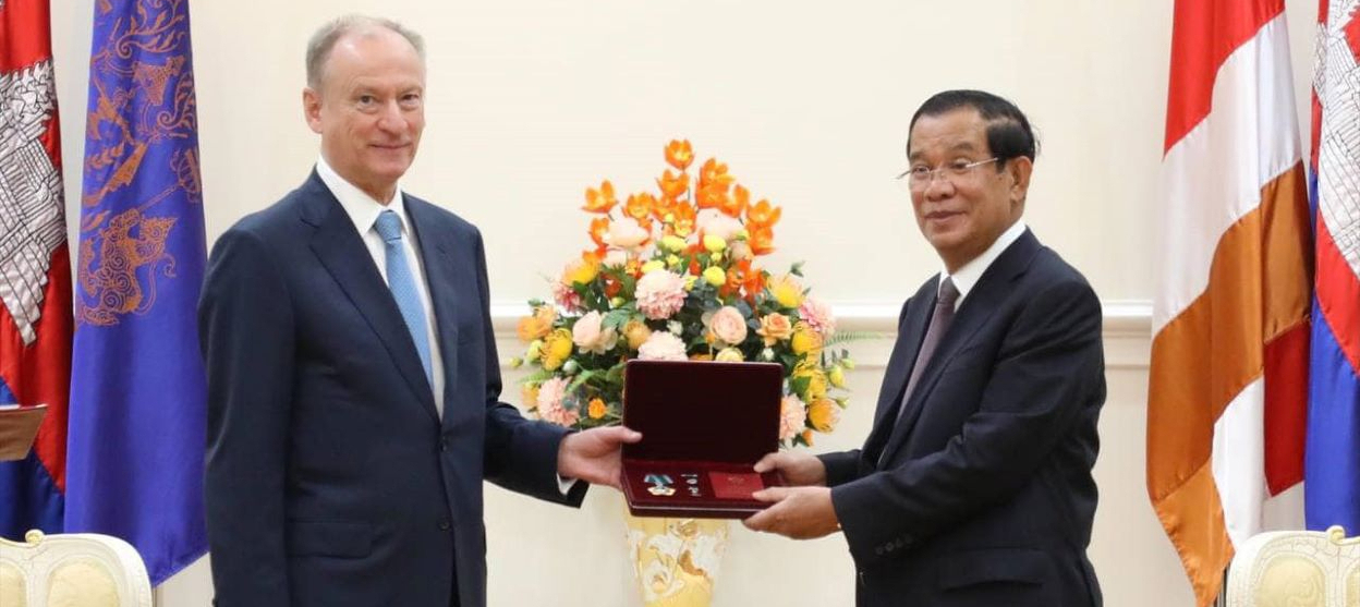 Cambodian Prime Minister Hun Sen receiving the Order of Friendship medal from Russia’s Secretary of the Security Council Nikolai Patrushev