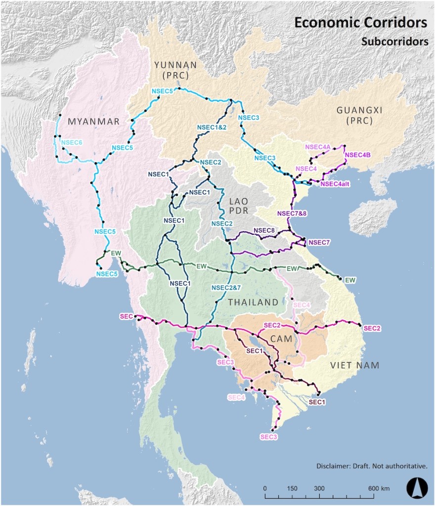 Economic corridors in the Greater Mekong Subregion. Note: SEC: Southern Economic Corridor; NSEC: North-South Economic Corridor; EWEC: East-West Economic Corridor. (Photo: The Greater Mekong Subregion)