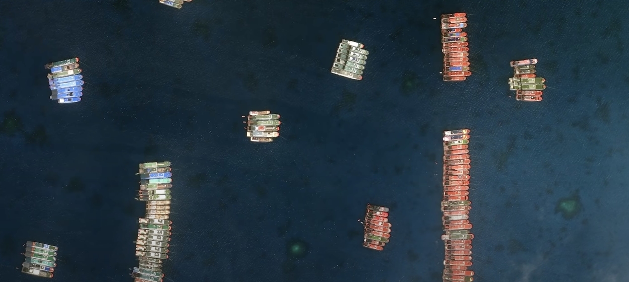 A satellite aerial view of Chinese fishing vessels