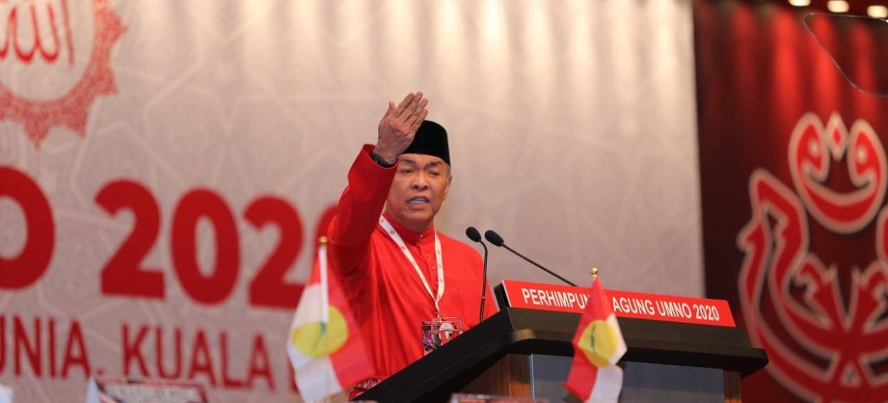 President of UMNO, Zahid Hamidi, addresses members at the UMNO General Assembly, held from 27-28 March 2021. (Photo: Zahid Hamidi/ Facebook)